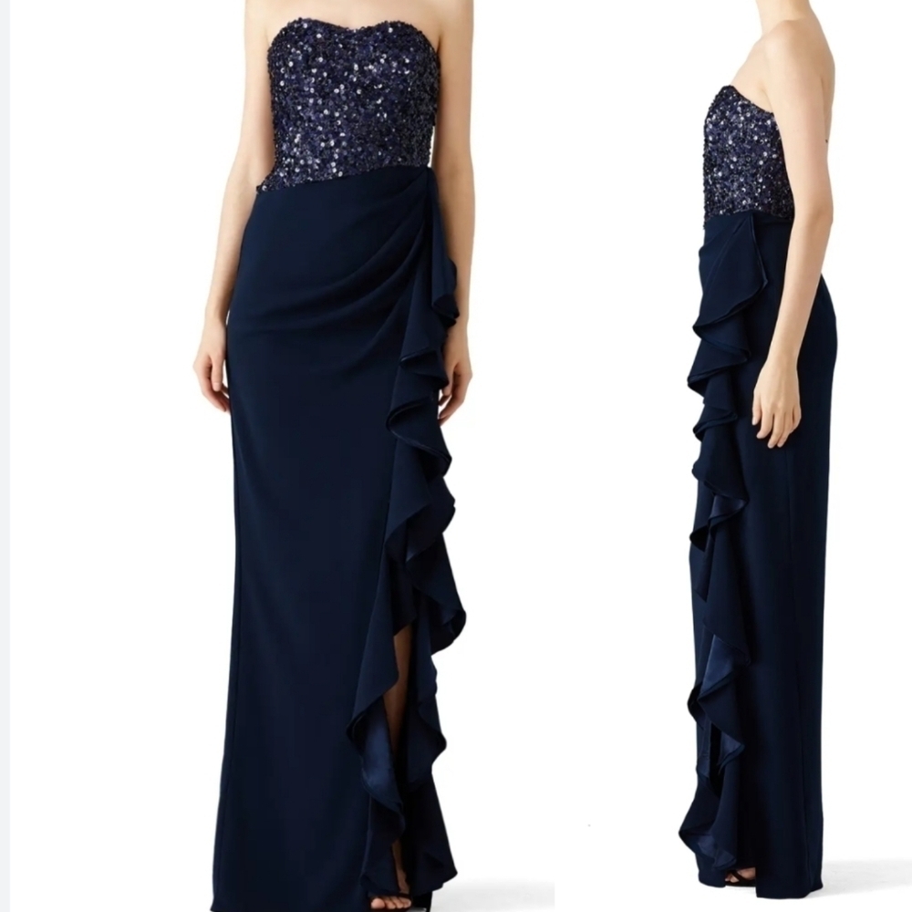 Badgley Mischka Sequin Ruffle Gown Womens 2 Blue Maxi Dress